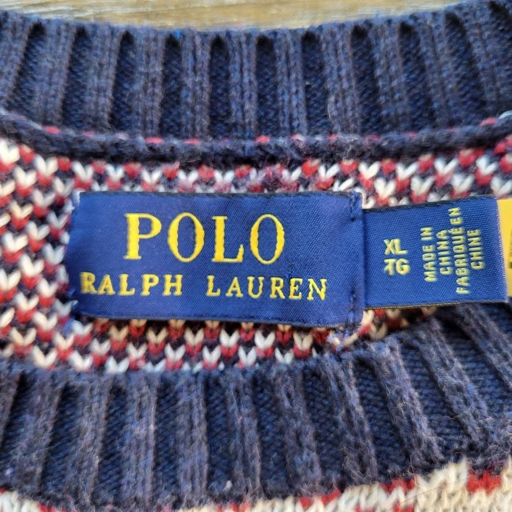 Polo Ralph Lauren Mens XL Fair Isle Snowflake Knit Sweater Navy Blue Red Cotton